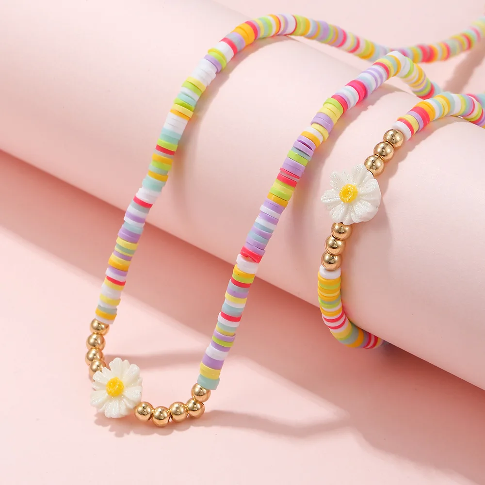 

2set /lot Color Soft Ceramic Handmade Bead Necklace Cute Flower Jewelry for Children woman