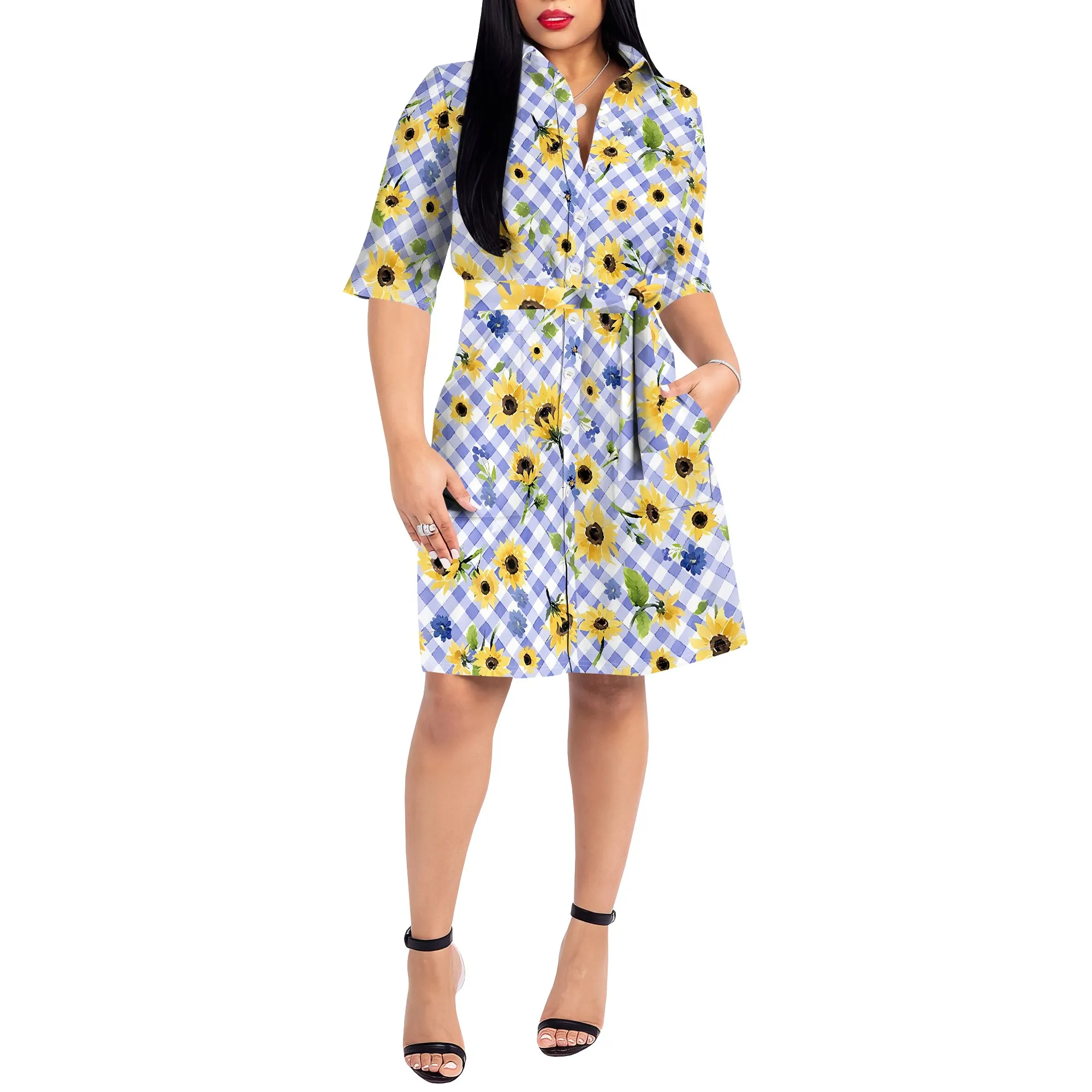 Vestido Nupusa com estampa de girassol para mulheres, tamanho padrão, verão, camisa casual, gola, meia manga