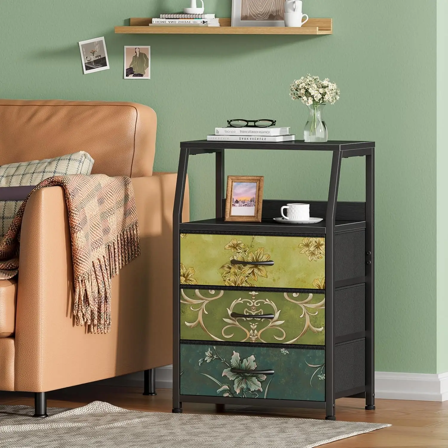 

Retro Night Stand with 3 Drawers and 2-Tier Shelf, Small Nightstand Side Table, Vintage Storage Dresser for Bedroom