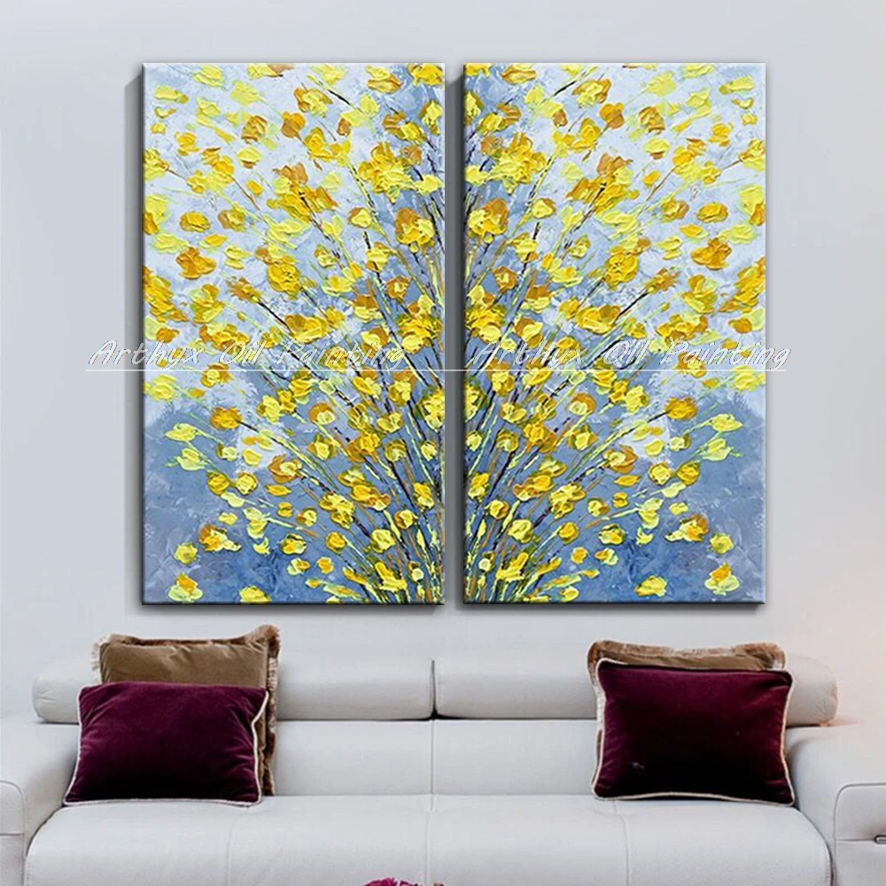 Arthyx 2 Spell,Abstract Yellow Tree Flower Oil Paintings On Canvas,Hand Made Modern Art,Wall Pictures For Living Room,Home Decor