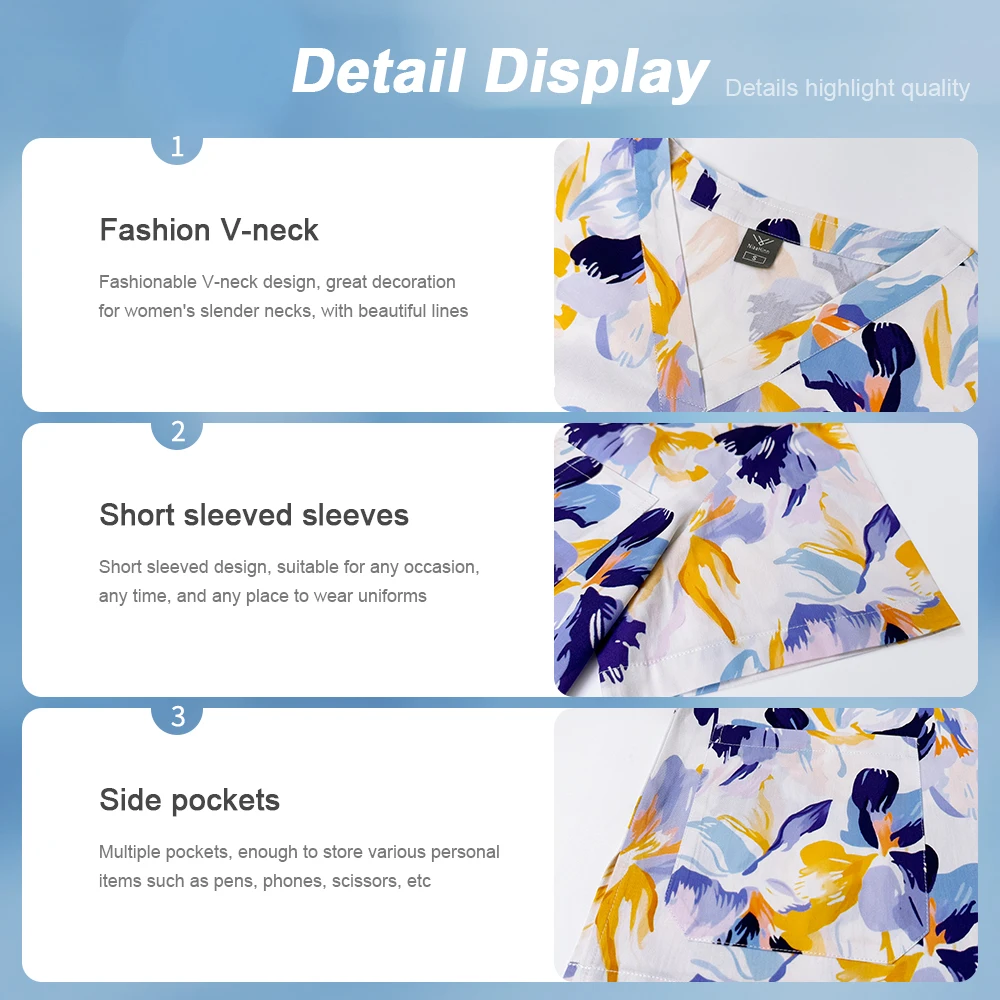 Modieuze bloem bedrukte verpleegsters werkkleding medische accessoires verpleegstersuniformen vrouwen scrubs sets shirt met korte mouwen zakbroek