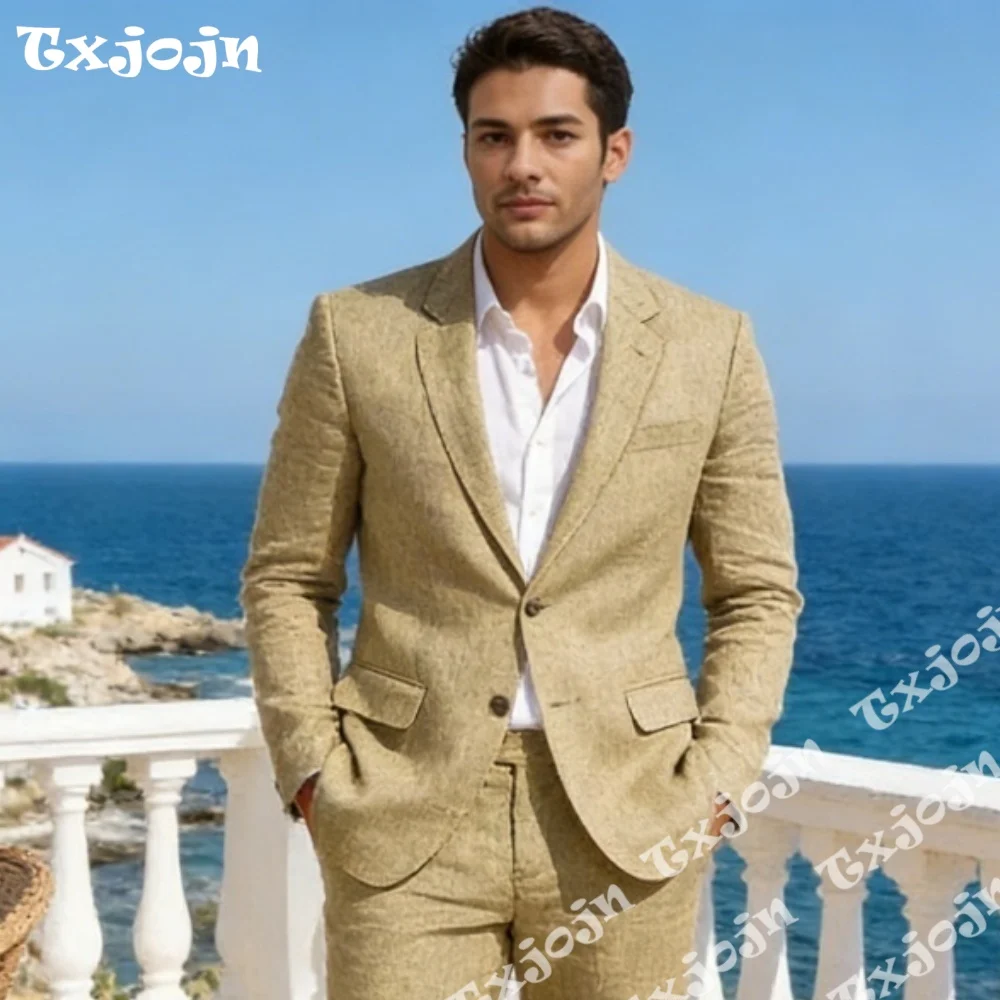 

Smart Khaki Linen 2PCS Suit Slim Fit Notch Lapel Jacket Pants Breathable Casual Wear Best Selling For Beach Wedding Summer Event