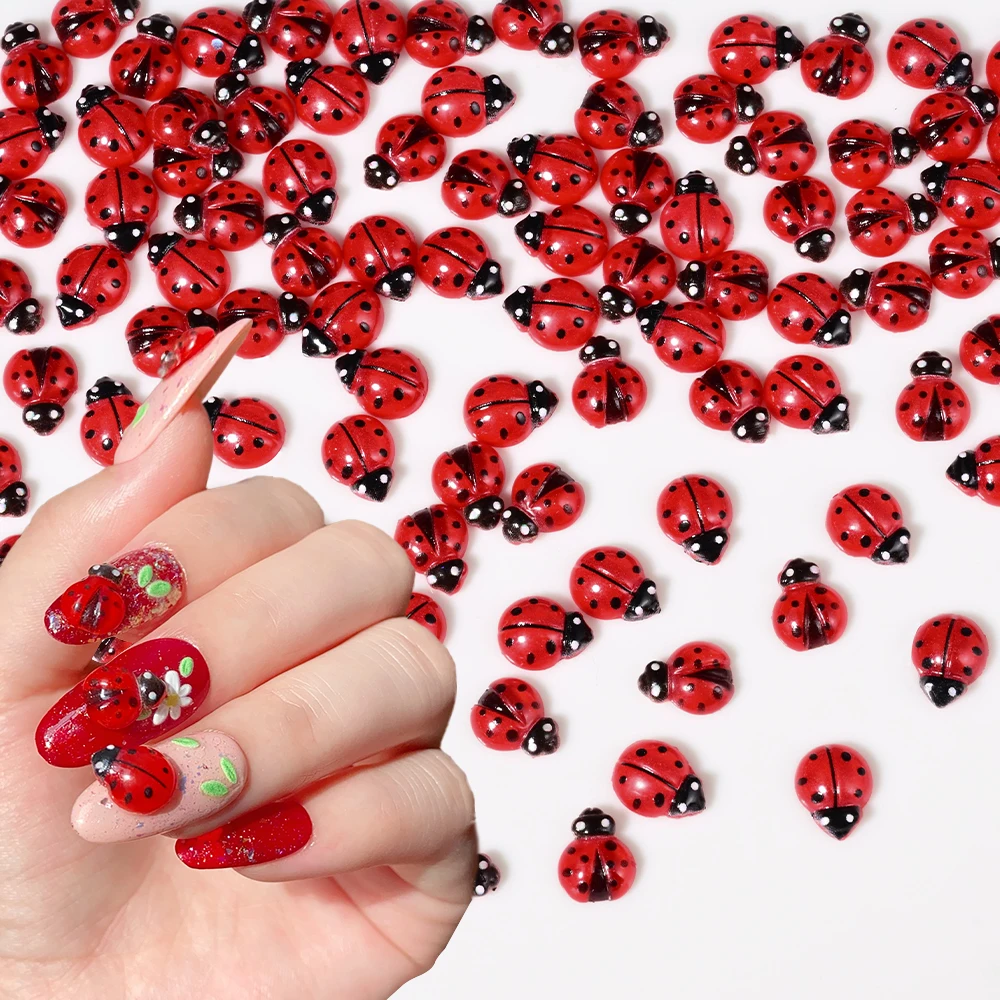 50PCS 3D Red Ladybug Resin Nail Art Charms Cute Realistic Insect Flatback Mini Nail Decorations Y2K Summer DIY Nail Art Supplies