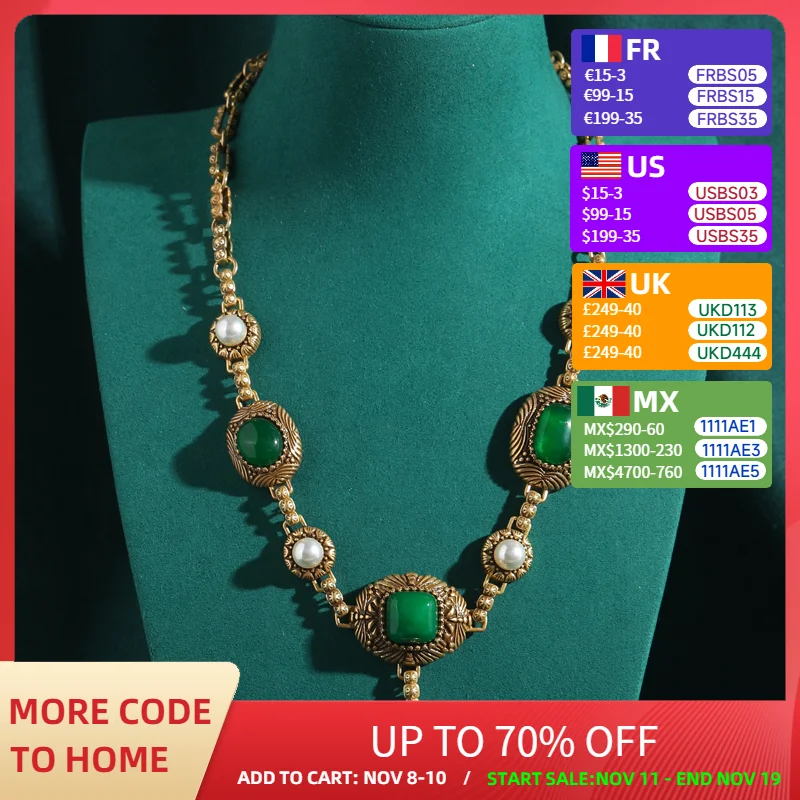 

Vintage Pearl Necklace Natural Stone Antique Gold Color For Women Green Pendant Accessories 2025 Luxury Designer Jewelry Wedding