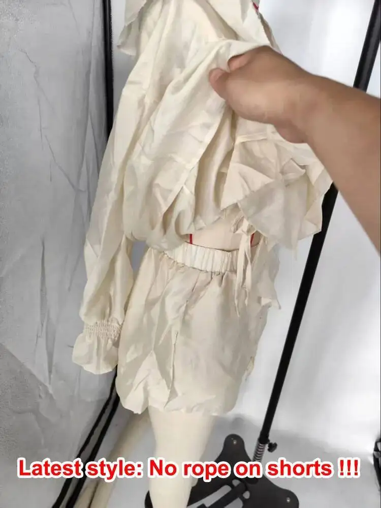 

Women's Beige Two-Piece Set 2025 Summer Boho Ruffled V-Neck Blouse With Outfit Flare Sleeve Lotus Leaf Edge Shorts Suit