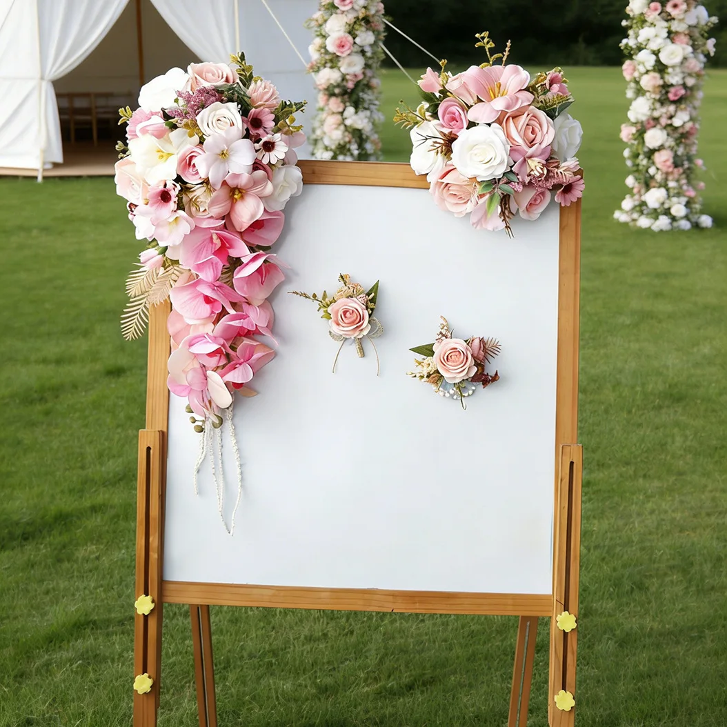 

Yannew Pink Wedding Bouquet Corsage Boutonniere Kit Artificial Flower Waterdrop Bouquet for Bride Bridesmaids Rustic Wed Decor