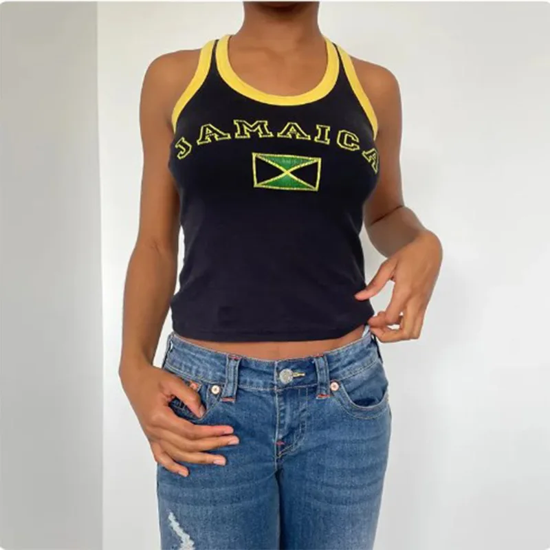 Summer fashion street contrasting letter embroidery sports casual sleeveless color blocked slim fit vest top for men and women