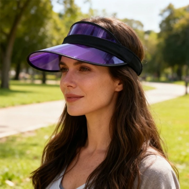 Lila Sonnenblende-Hut für Damen, Sonnenschutzhut mit verstellbarem Stirnband, weicher Kunststoff-Sonnenblende, transparente, leere Golfkappen