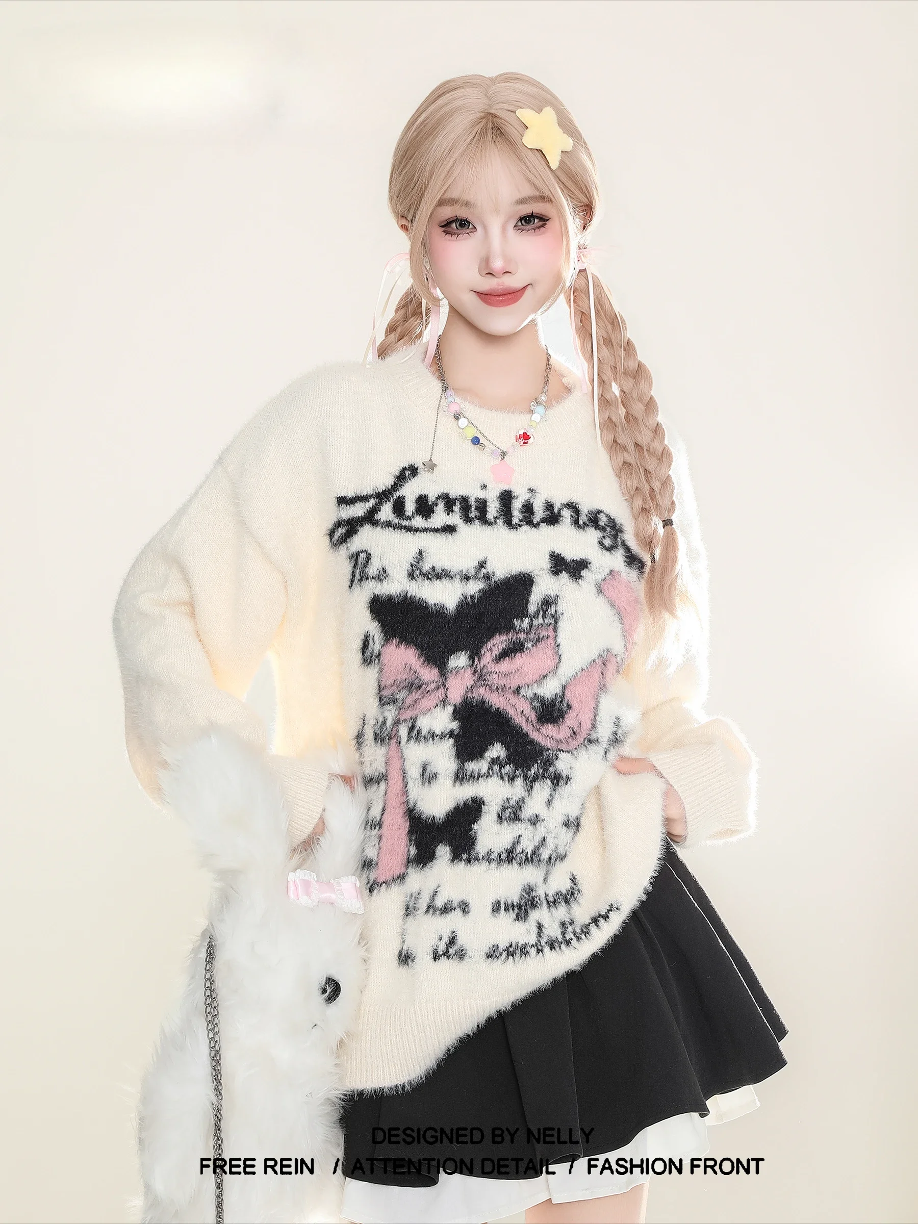 

Sweet Soft Bow Jacquard Sweater Women's Autumn Winter Wool Pullover Thickened Knitted Jumper Y2k Top Oversized Mohair Sweater