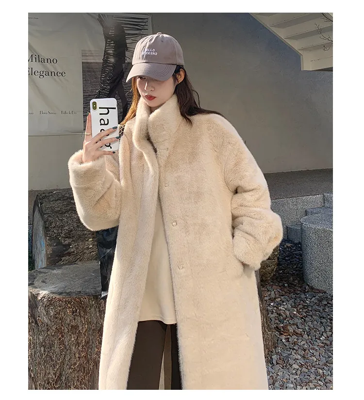 Women's Thick Faux Mink Fur Mid-length Coat Autumn Winter Fashion Stand Collar Plush Outerwear Women Elegant Warm Fluffy Jackets