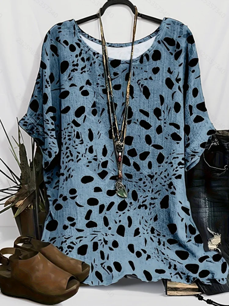 

Plus Size 1XL-5XL Women Casual Loose Top Shirts Spot Print Blouse Ladies Fashion Vintage Blouse Round Neck T-shirt