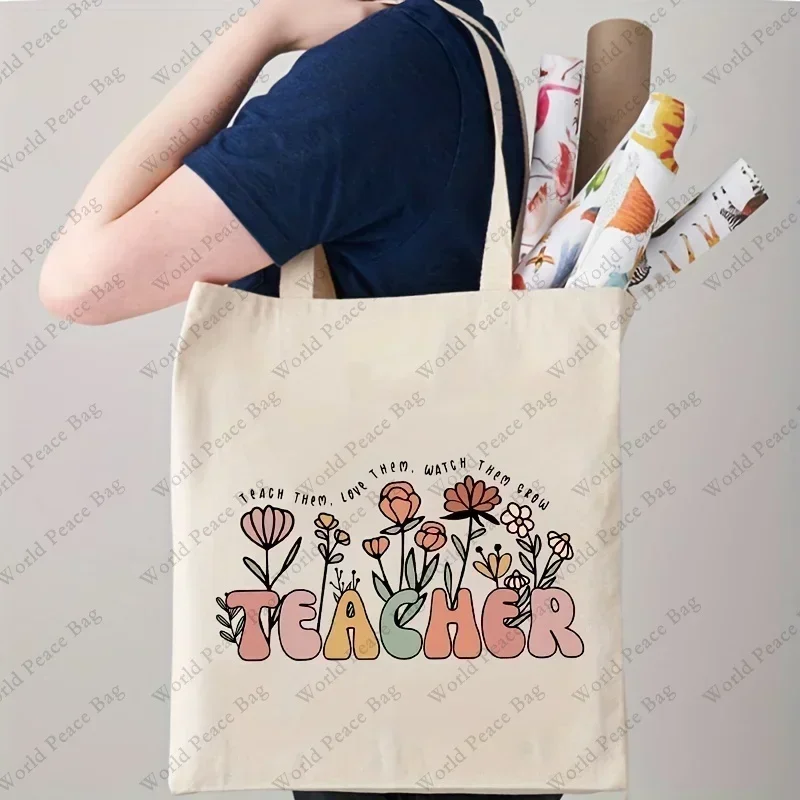 LWE1 Teach Them, Love Watch Them Grow Pattern Tote Bag, Floral Teacher Shoulder Bag Prezenty dla nauczycieli