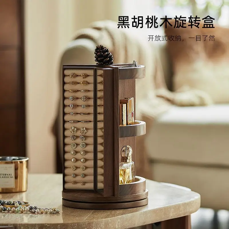 Desktop vintage jewelry box with rotatable multi-layer lipstick and cosmetics storage box, wooden jewelry box