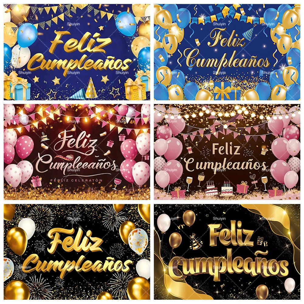 

Spanish Happy Birthday Backdrop Feliz Cumpleaños Balloon Gold Glitter Blue Pink Kids Adult Birthday Party Decor Photo Background