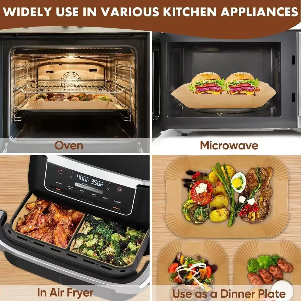 Large Disposable Air Fryer Paper Non-Stick Rectangle Airfryer Baking Liners Oilproof Oven Mat for Ninja Foodi DualZone Basket