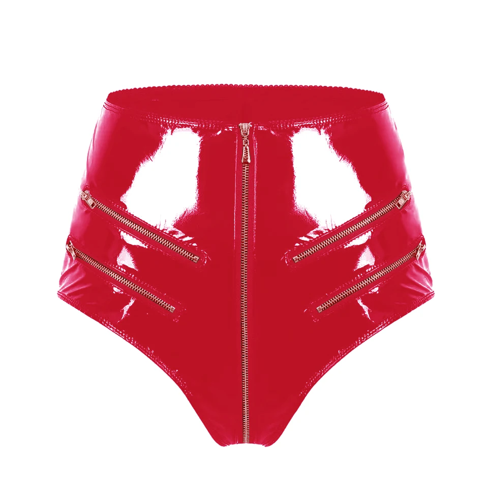 Women Sexy Opening Crotch Leather Shorts For Sex Erotic Porn Below Crotchless Underwear Glossy Zipper Latex Bag Hip Pants Sexi