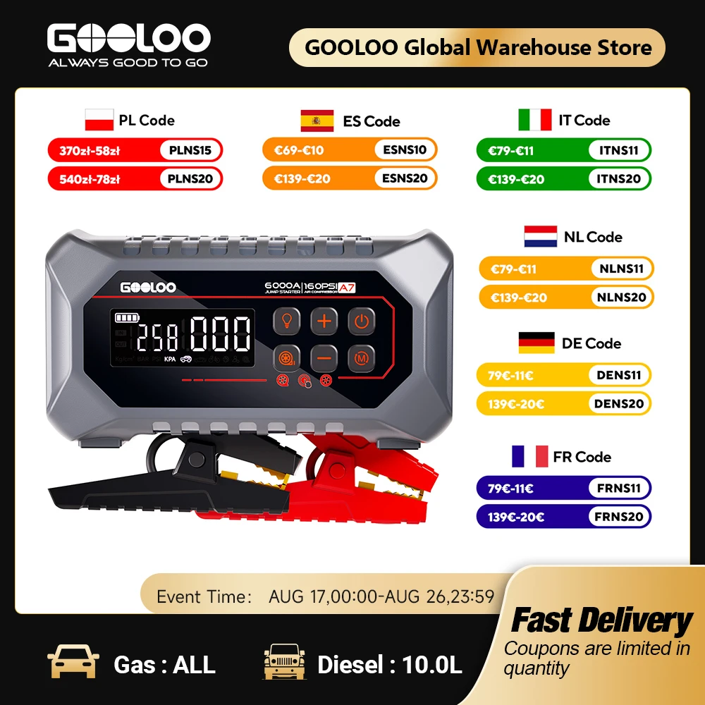 GOOLOO 24000mAh Tragbarer Starthilfe-Powerbank mit 160PSI Luftpumpe, 12V Auto-Booster für Benzin- und Diesel-Fahrzeuge, Batterie-Starter und Powerbank für Fahrzeugmotoren