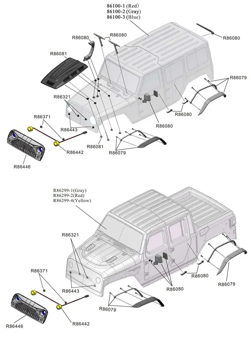 86100 1/10 RC Auto onderdelen gear Shell kolom Aandrijfas Trekstang banden Schokdemper achteruitkijkspiegel ruitenwisser set