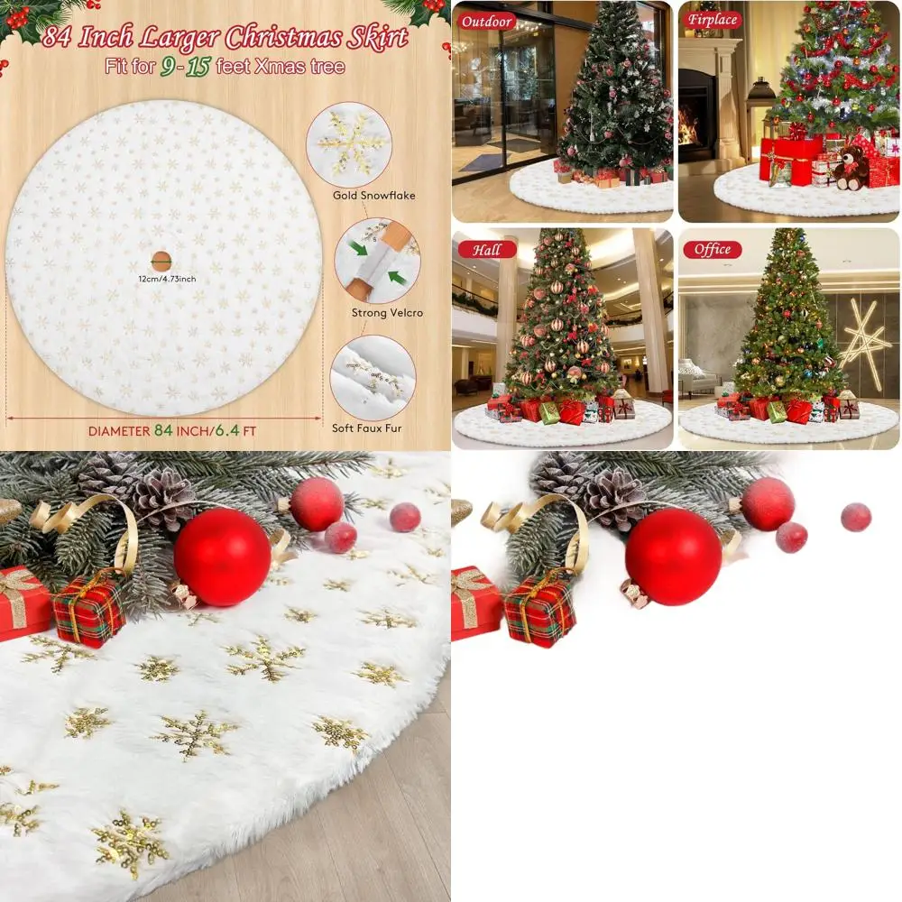 

Gold Snowflake White 96 Christmas Tree Skirt for 10-17ft Trees, Faux Fur Indoor Decorative Rug & Ornaments