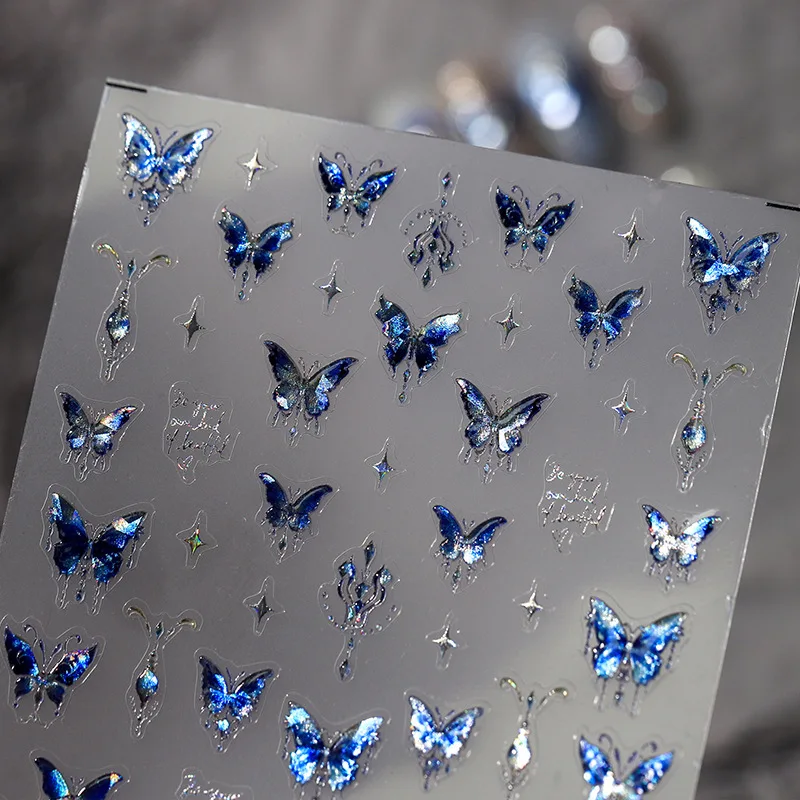 Acrylic Engraved Nail Sticker Holographic Blue Butterfly Desgin Self-Adhesive Nail Transfer Sliders Wraps Manicures Foils Z0769