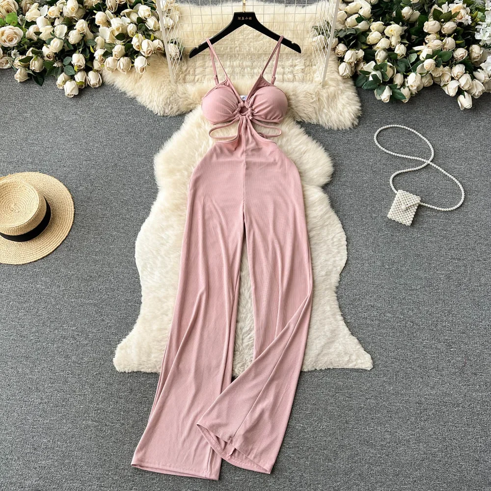 New Summer Vacation Style Women Jumpsuits Hollow Out Waist Suspenders Playsuits Femme Slim Spicy Girls Chic Wide Leg Pants