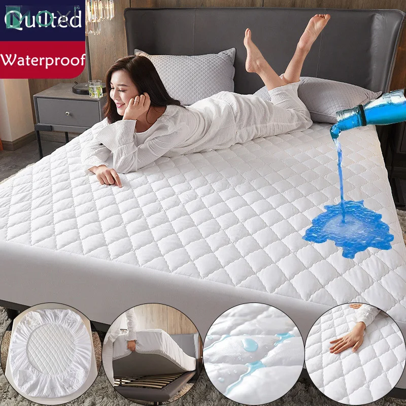 100% Waterproof Fitted Sheet Quilting Process Mattress Cover Protector Protege Bed Cover Single Double King Queen 160 180 200