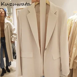 Kuzuwata New Simple Drawstring Design Women Blazer Office Business Spring Korean Loose Casual Blazers Solid Single Button Coat