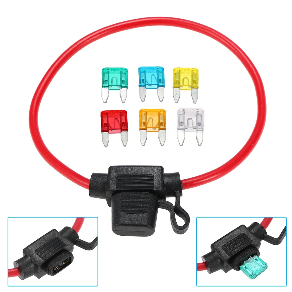 Car Automotive In-Line Mini Blade Fuse Holder 12V 30A with 6 Fuses 5A 10A 15A 20A 25A 30A Fuse Holder with Splashproof Casing