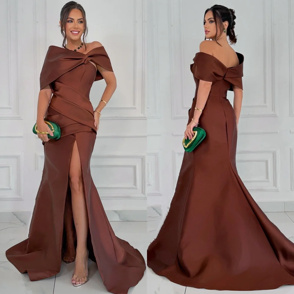 

Customized Formal Simple Charmeuse Ruched Pleat Mermaid Off-the-shoulder Long Dresses Bespoke Occasion Dresses Retro Matching
