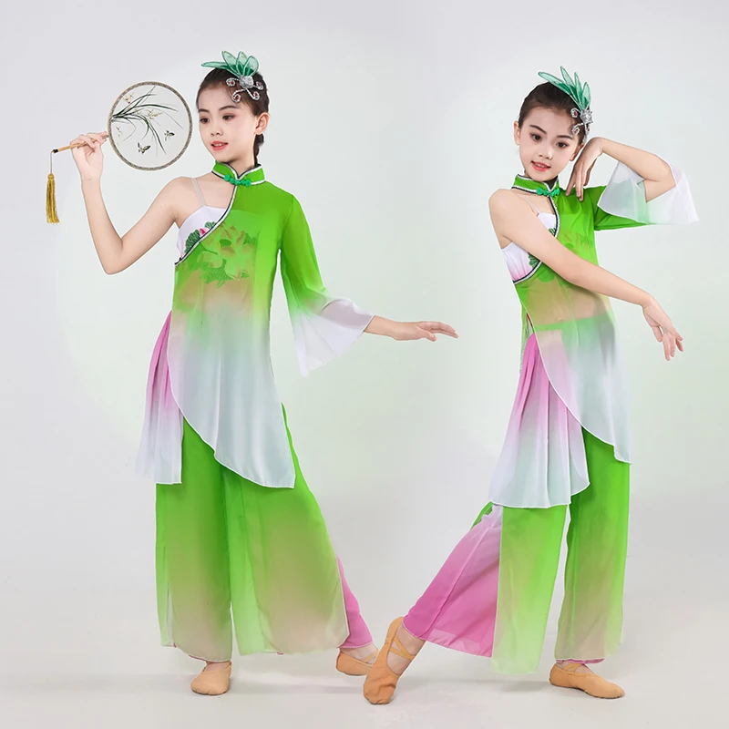 Ropa de danza clásica Yangko para niñas, trajes nacionales Hanfu de danza moderna, abanico de paraguas para niños, ropa Hmong para actuación