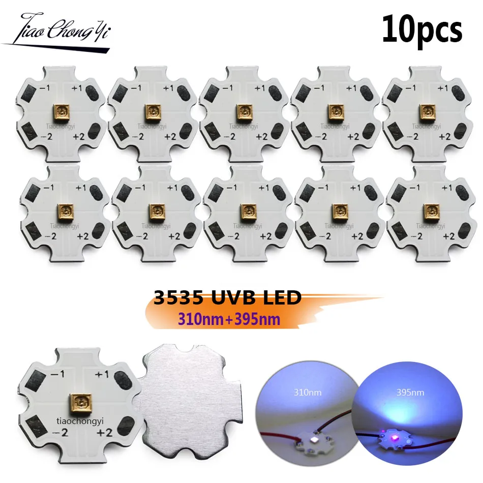 

10pcs 3535 UVB LED 310nm+395nm 2 in1 UVC dual color LED 0.1W UV Ultra Violet Lamp Purple light with 20mm PCB