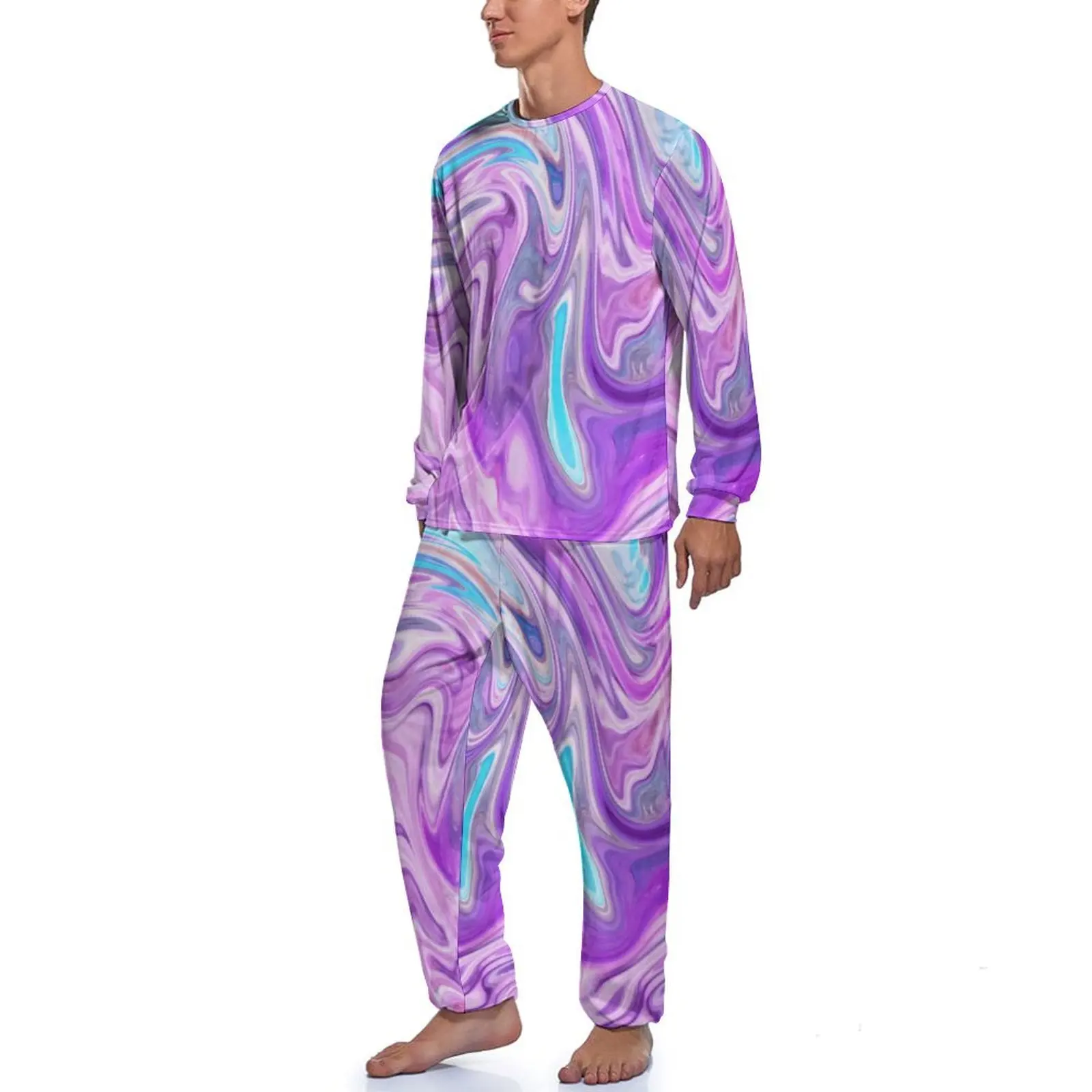 Liquid Swirl Pajamas Spring Blue Purple Abstract Art Home Home Suit Mens 2 Piece Custom Long Sleeve Retro Pajama Sets