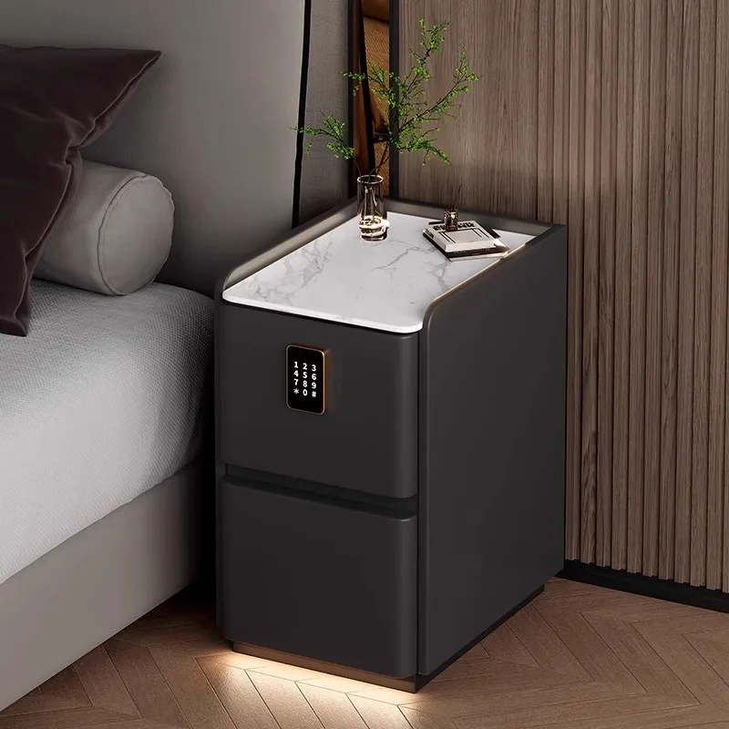 

Solid Wood Modern Style Bedside Table with Lock Mini Bedroom Nightstand with Sensor Light Free Installation Storage Cabinet