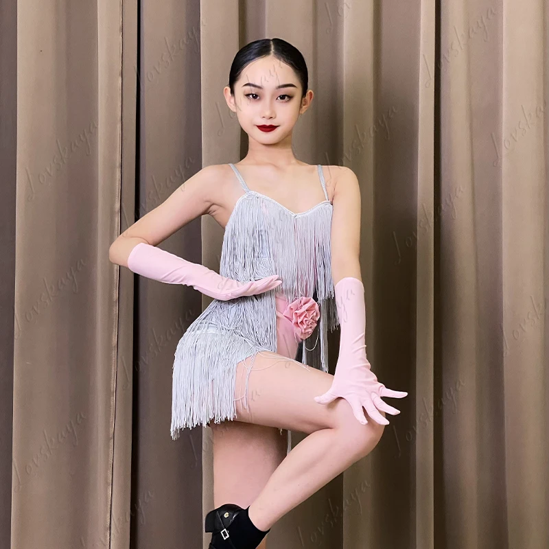 Mädchen-Lateintanz-Ensemble mit Fransenrock, Übungs- und Performance-Anzug für Kinder für Herbst und Winter