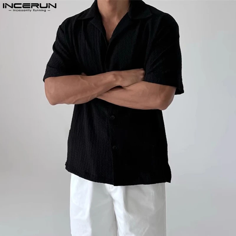 INCERUN Men Shirt Solid Color Summer Lapel Short Sleeve Casual Camisas Streetwear 2025 Fashion Leisure Men Clothing S-5XL