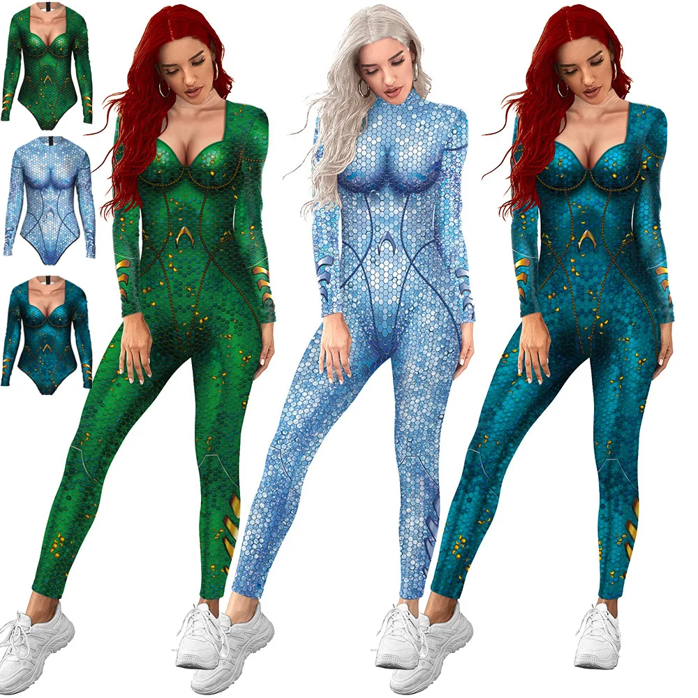 Women Sexy Jumpsuit Swimsuit Cosplay Queen Mera Carnival Fish Sequins Casual Zentai Cosplay Costume Jumpsuit Rompers Halloween