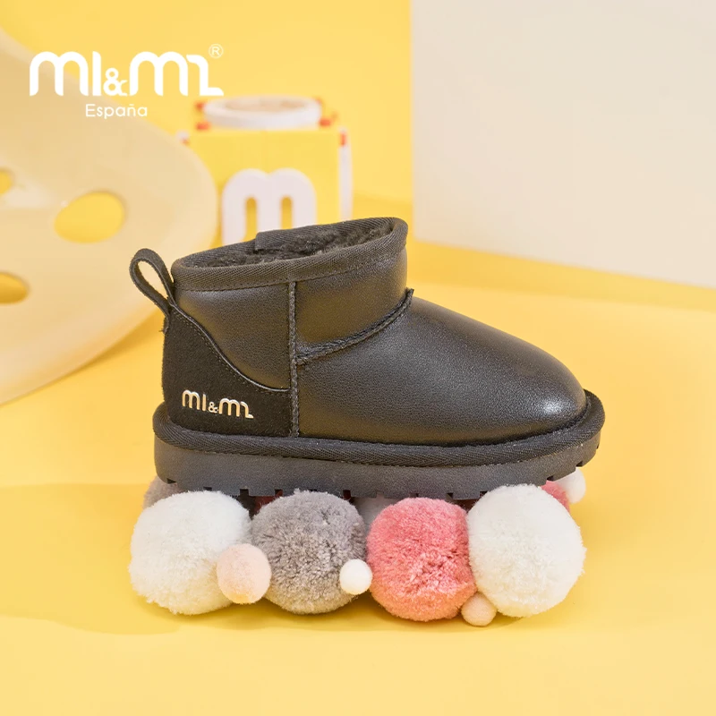 M1&M2 Nuevas botas de nieve sin cordones en el tobillo, suela gruesa de goma de algodón de felpa para niños y niñas, talla 24-34, ropa informal versátil para exteriores