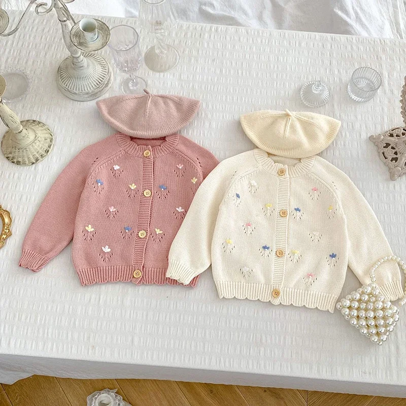 2024 New Autumn Infant Baby Girls Sweater Coat Floral Embroidery Toddler Baby Girl Knitting Cardigan Coat Children Clothes