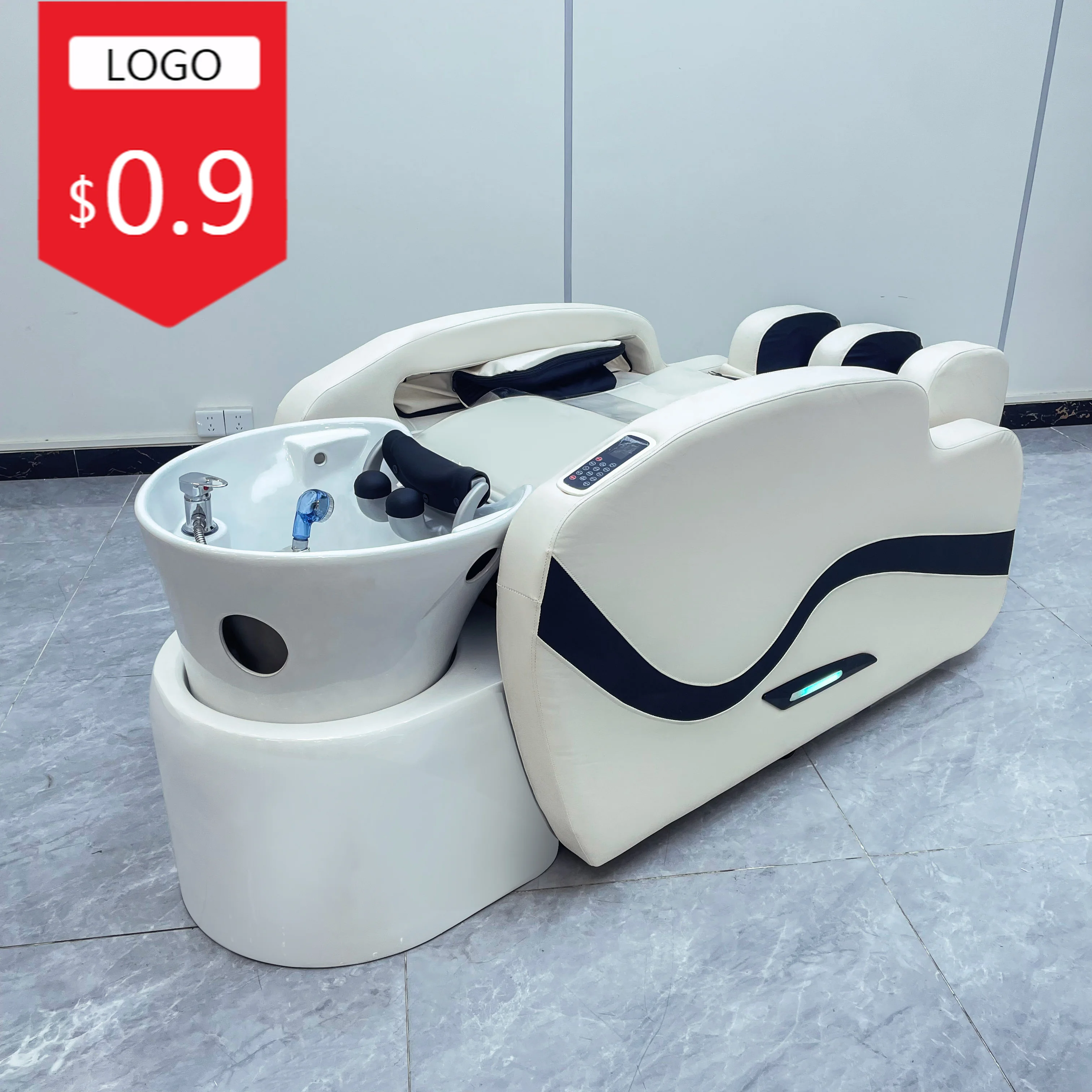 Off-white & Black Shampoo Massage Bed with Ceramic Sink, Reclining Hair Washing Bed for Beauty Salon Head Spa Scalp Treatment