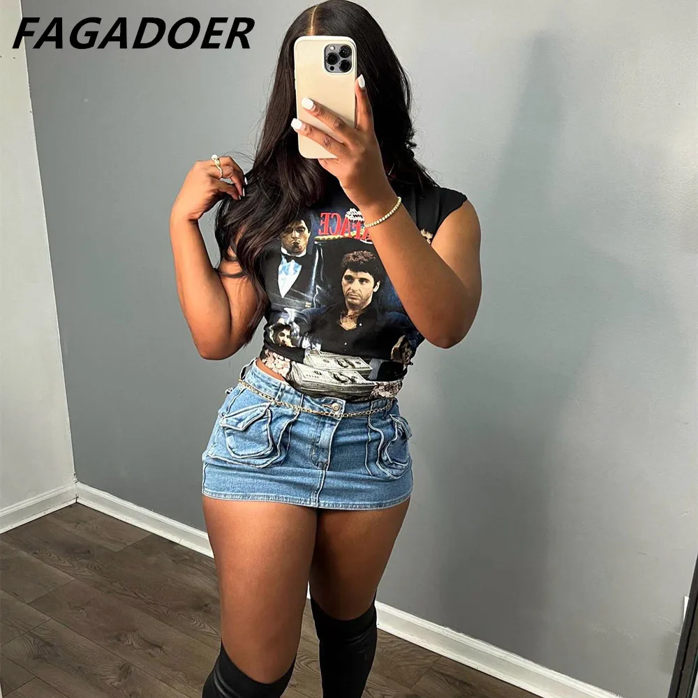 FAGADOER Denim Cargo Mini Skirts Women Y2k Retro Hight Waist Stretchy Casual Pockets Denim Skrits Fashion Streetwear Short Skirt