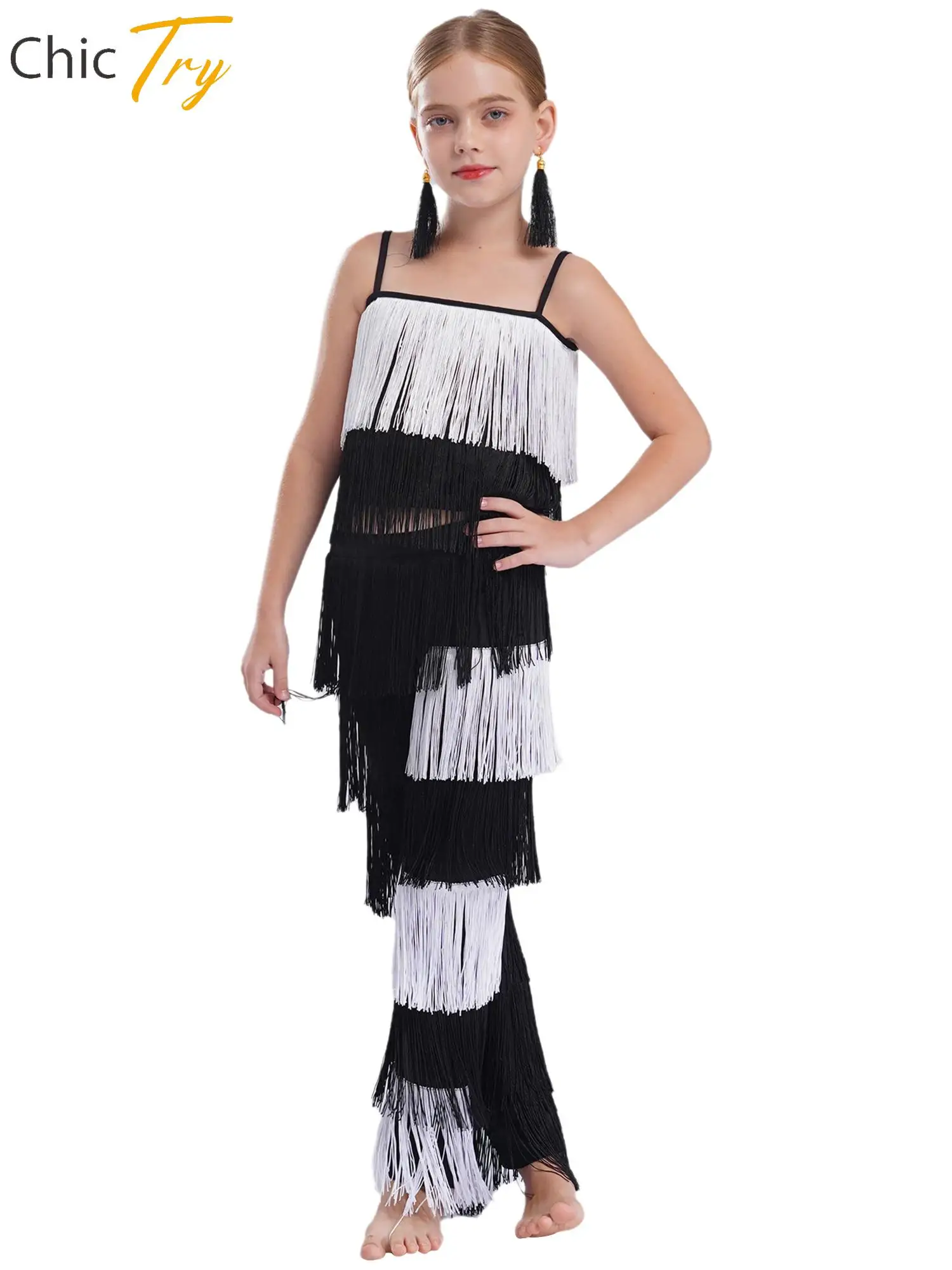 

Kids Latin Dance Pants Suits Ballroom Fringe Tassel Camisole Pants Girls Salsa Samba Cha-Cha Tango Dance Set Child Stage Outfits