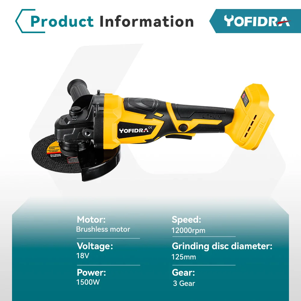 YOFIDRA 125mm Brushless Angle Grinder 12000Rpm 3 Gears M14 Cordless Electric Impact Grinding Power Tool For Makita 18V Battery