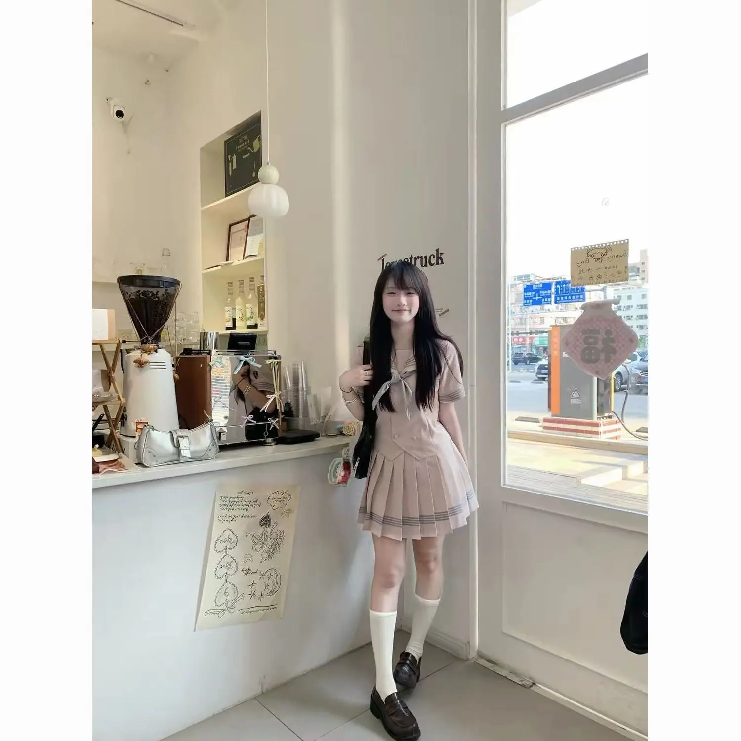 Sweet Kawaii JK Uniform 2 Piece Set Women Pink Sailor Collar Bow Tie Emblem Patch Short Sleeve High Waist Pleated Skirt Slim view 4