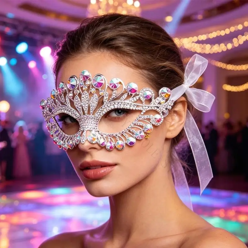 R7UF Rhinestones Masquerade Mask Crystal Face Jewelry for Women Mardi Gras Mask Venetians Party Prom Crown