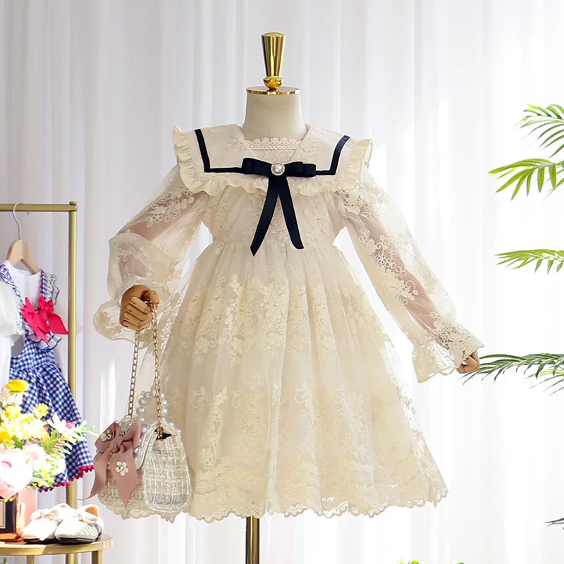 Girls Princess Mesh Dress Children Long-sleeved Lace Gown New Children\'s Sweet Bow Dresses Girl Birthday Party Tulle Dress