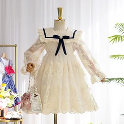 Girls Princess Mesh Dress Children Long-sleeved Lace Gown New Children's Sweet Bow Dresses Girl Birthday Party Tulle Dress