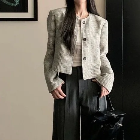 Women's New Round Neck Cropped Jacket Button Long Sleeve Tweed Outerwear Versatile Casual Commute Office Street Daily Wear Coat