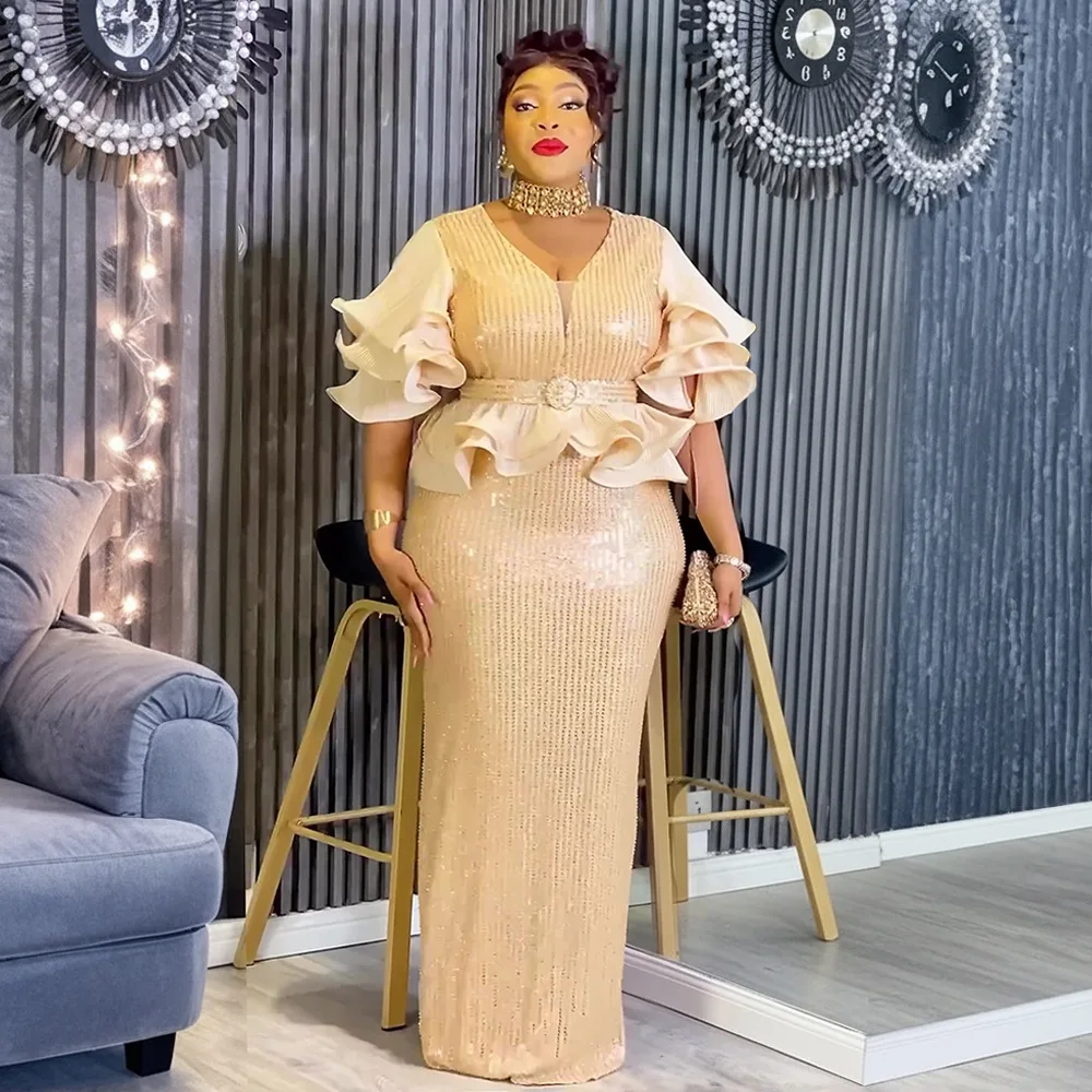 

Sequin Plus Size African Dresses for Women Elegant 2026 Half Sleeve V-neck Polyester Long Bodycon Dress Outfits Africa Clothing