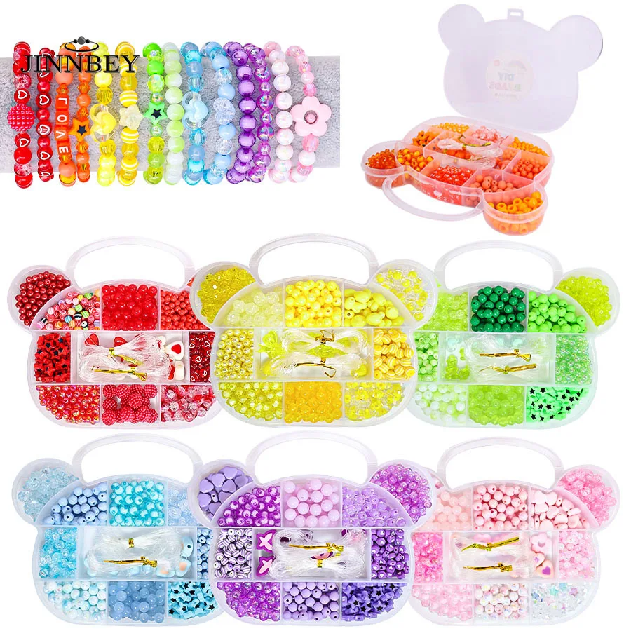 Solid Color Handmade Bead Set For Jewelry Making, Teddy Bear Shaped Spacer Box, DIY Bracelets Necklace Craft Kit Girl Gift