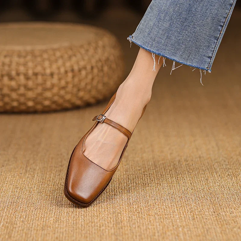 2024 nuove scarpe Mary Jane in vera pelle scarpe da donna fibbia retrò décolleté con tacco poco profondo scarpe con punta quadrata donna Zapatos De
